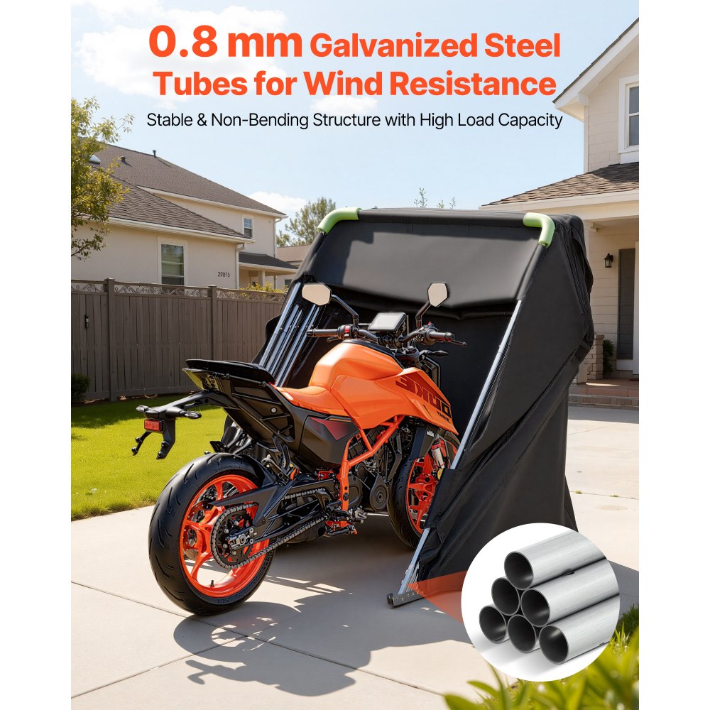 VEVOR Motorcycle Storage Shelter with Security Lock, 600D Oxford Flip-Up Garage Tent, Heavy-Duty All-Weather Motorcycle Cover with Ventilation Windows, 110 x 43 x 63 in Outdoor Vehicle Shelter, Black