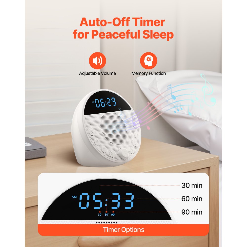 VEVOR Sound Machine, 18 Soothing Sleep Sounds and 7-Color Night Light, 5-in-1 White Noise Sound Machine with Dual Alarms, Auto-Off Timer and Memory Function, for Baby, Adults, Home, Office & Travel