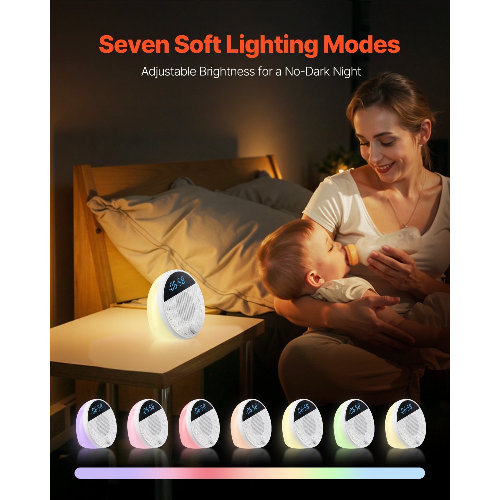 VEVOR Sound Machine, 18 Soothing Sleep Sounds, 7-Color Night Light, 6-in-1 White Noise Sound Machine with Dual Alarms, APP, Auto-Off Timer and Memory Function, for Baby, Adults, Home, Office & Travel