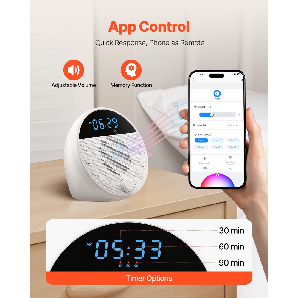 VEVOR Sound Machine, 18 Soothing Sleep Sounds, 7-Color Night Light, 6-in-1 White Noise Sound Machine with Dual Alarms, APP, Auto-Off Timer and Memory Function, for Baby, Adults, Home, Office & Travel