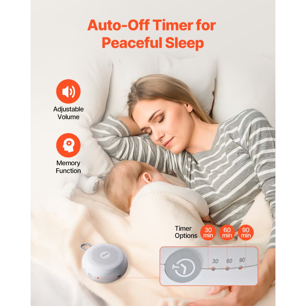 VEVOR Sound Machine, 20 Soothing Sleep Sounds, 4-in-1 Hangable White Noise Sound Machine with Auto-Off Timer, Soft Ring Light, Memory Function and Child Lock, for Baby, Adults, Home, Office & Travel