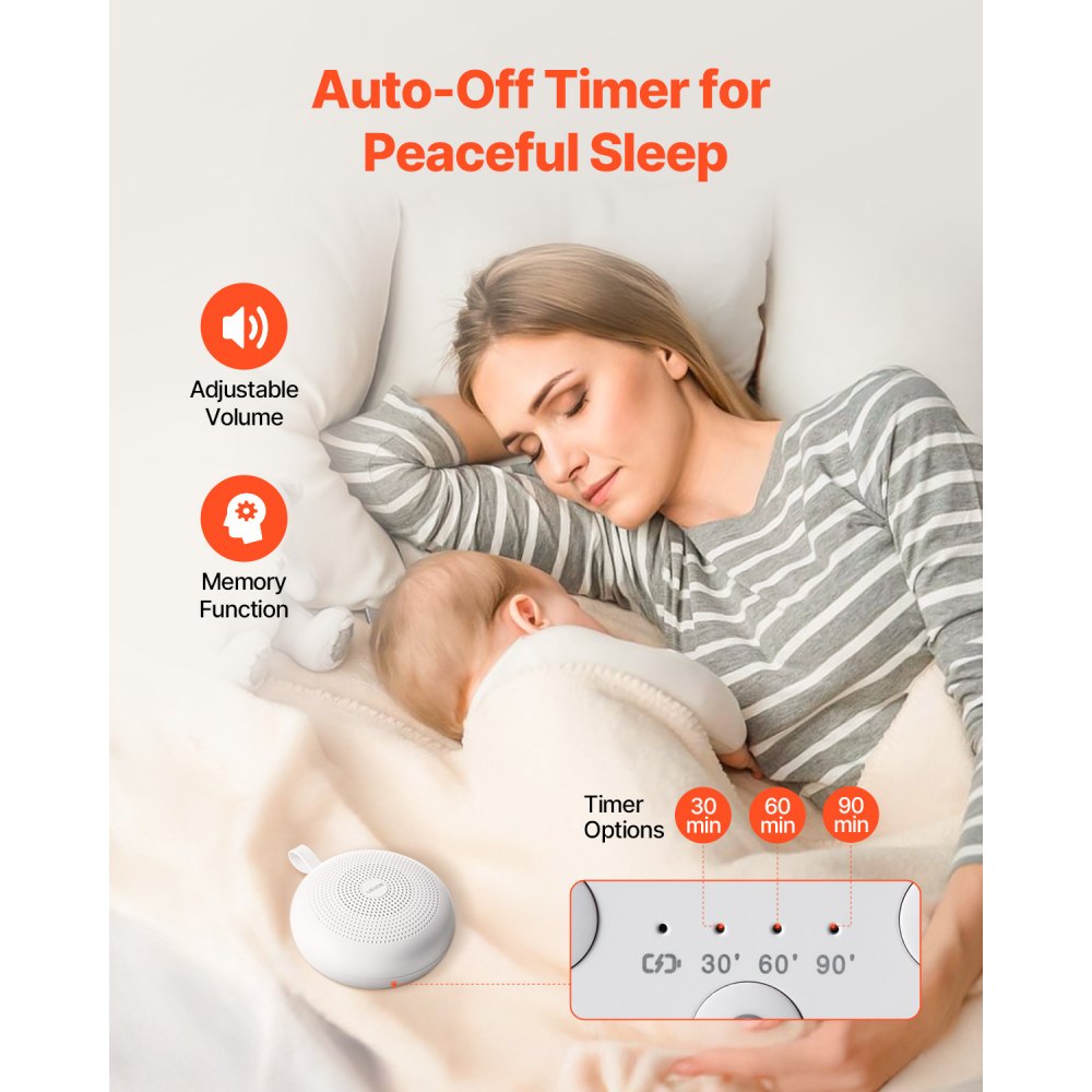 VEVOR Sound Machine, 30 Soothing Sleep Sounds, 3-in-1 Portable and Hangable White Noise Sound Machine with Auto-Off Timer, Soft Ring Light and Memory Function, for Baby, Adults, Home, Office & Travel