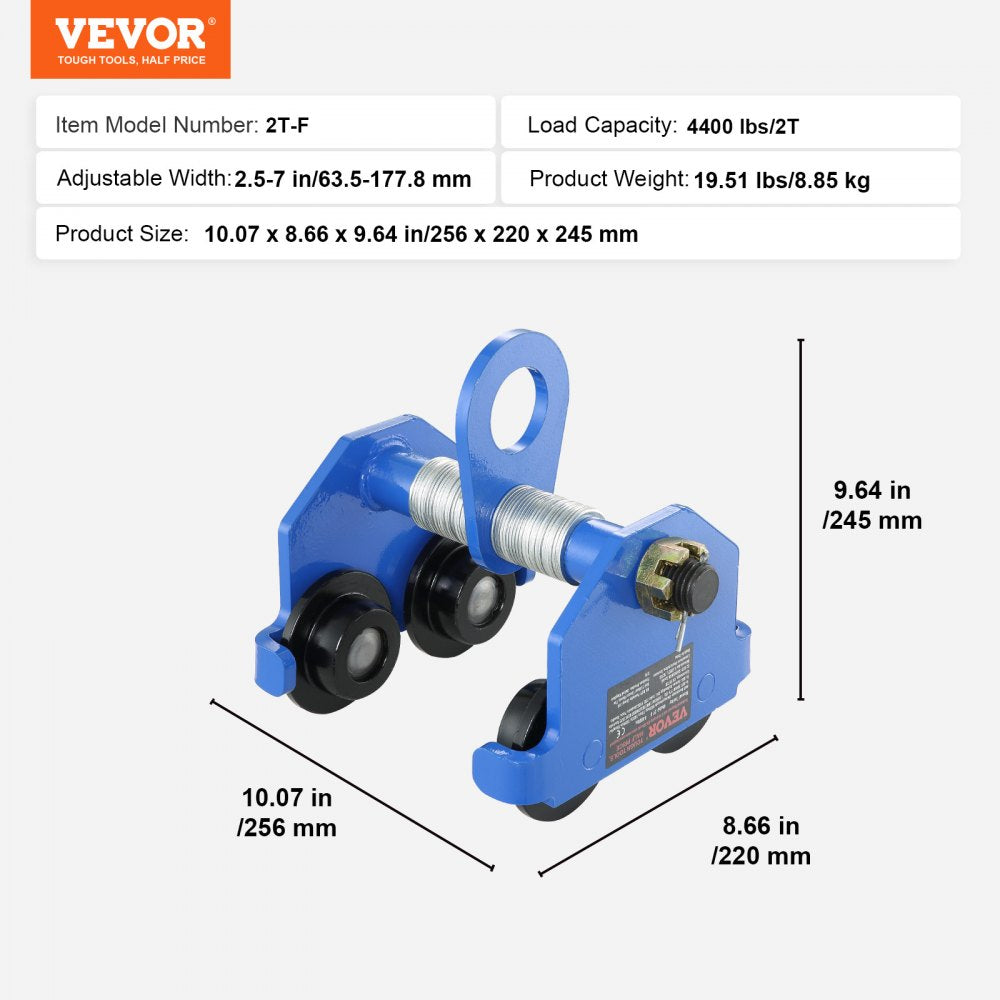 VEVOR Manual Trolley, 4400 lbs/2 Ton Load Capacity, Push Beam Trolley with Dual Wheels, Adjustable for I-Beam Flange Width 2.5" to 7", Heavy Duty Alloy Steel Garage Hoist for Straight Curved I Beam