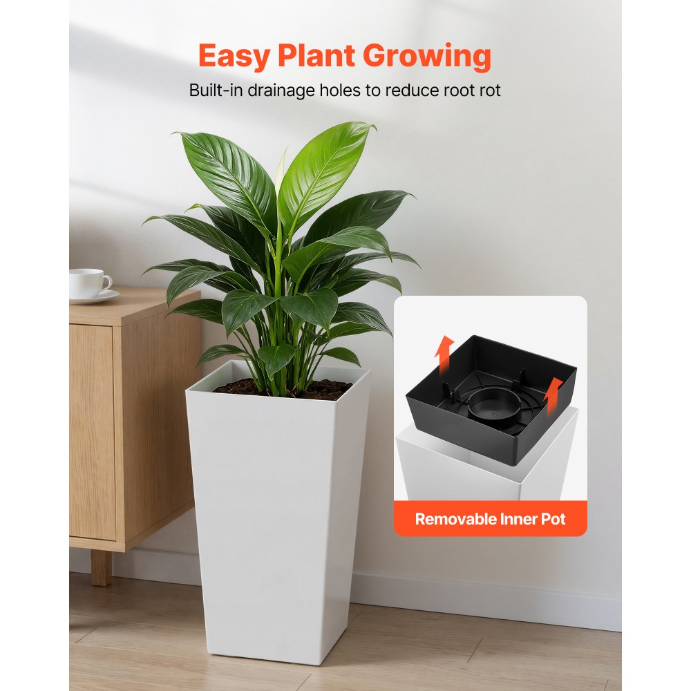VEVOR Tall Planters Set of 2, 22 Inch Large Outdoor Taper Planters for Outdoor Indoor Plants, Front Porch Plastic Modern Flower Pots with Casters, Inner Pot & Drainage Holes for Patio, Garden, White