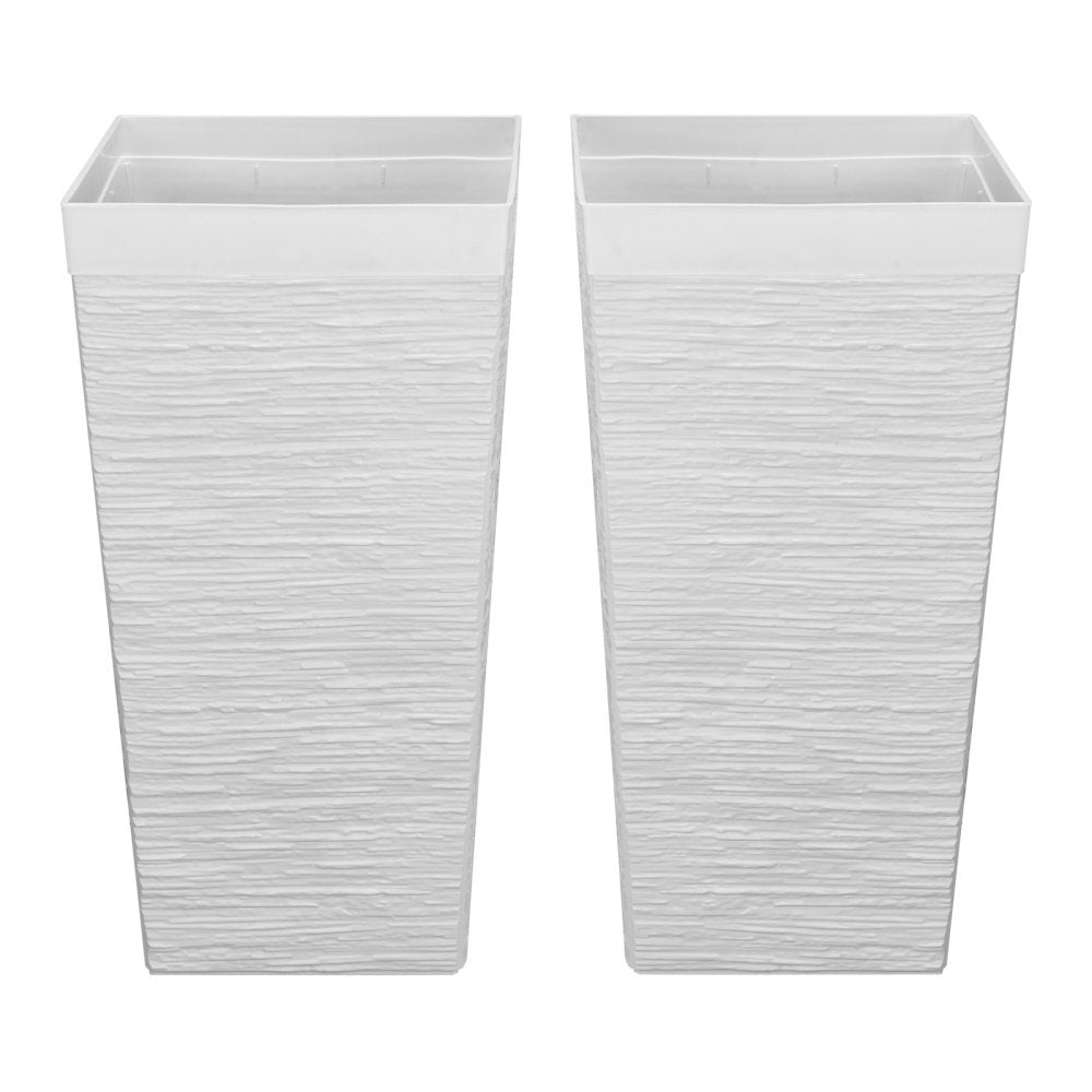 VEVOR Tall Planters Set of 2, 23 Inch Large Outdoor Taper Planters for Outdoor Indoor Plants, Front Porch Plastic Modern Flower Pots with Casters, Inner Pot & Drainage Holes for Patio, Garden, White
