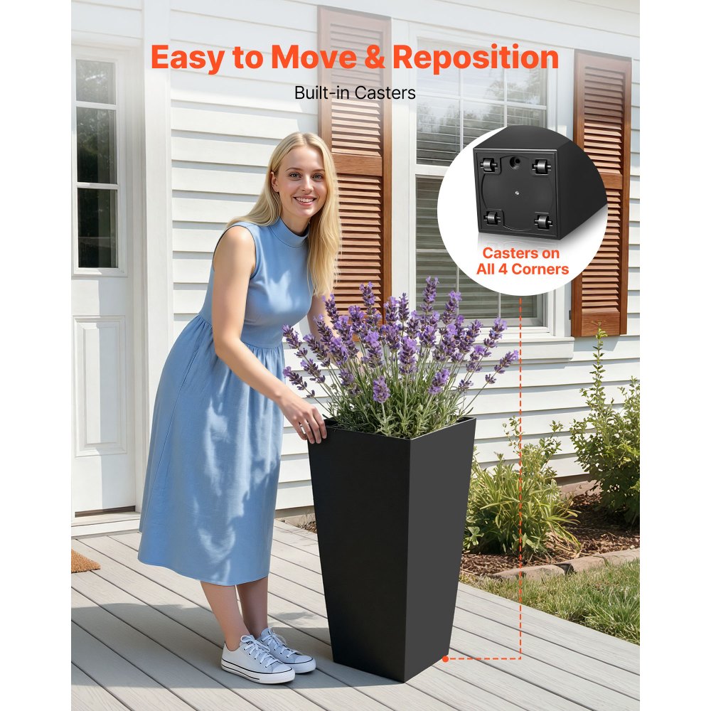 VEVOR Tall Planters Set of 2, 26 Inch Large Outdoor Taper Planters for Outdoor Indoor Plants, Front Porch Plastic Modern Flower Pots with Casters, Inner Pot & Drainage Holes for Patio, Garden, Black