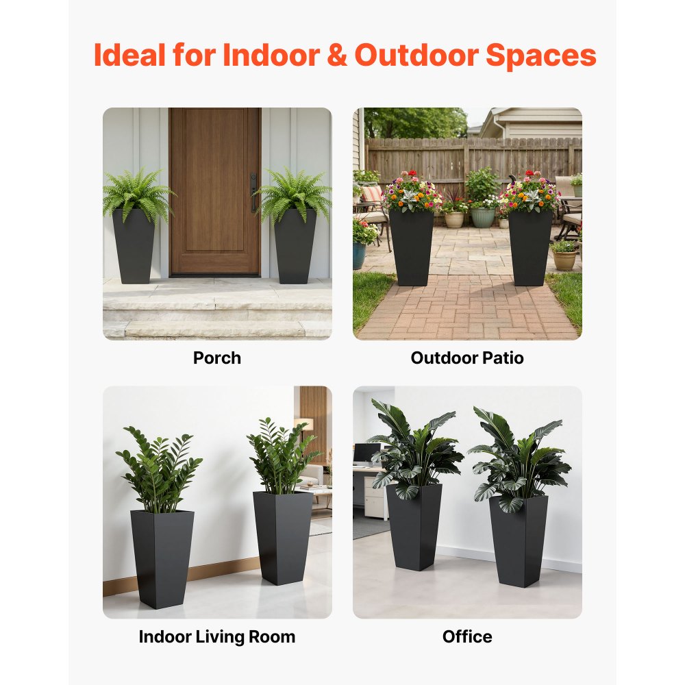 VEVOR Tall Planters Set of 2, 26 Inch Large Outdoor Taper Planters for Outdoor Indoor Plants, Front Porch Plastic Modern Flower Pots with Casters, Inner Pot & Drainage Holes for Patio, Garden, Black
