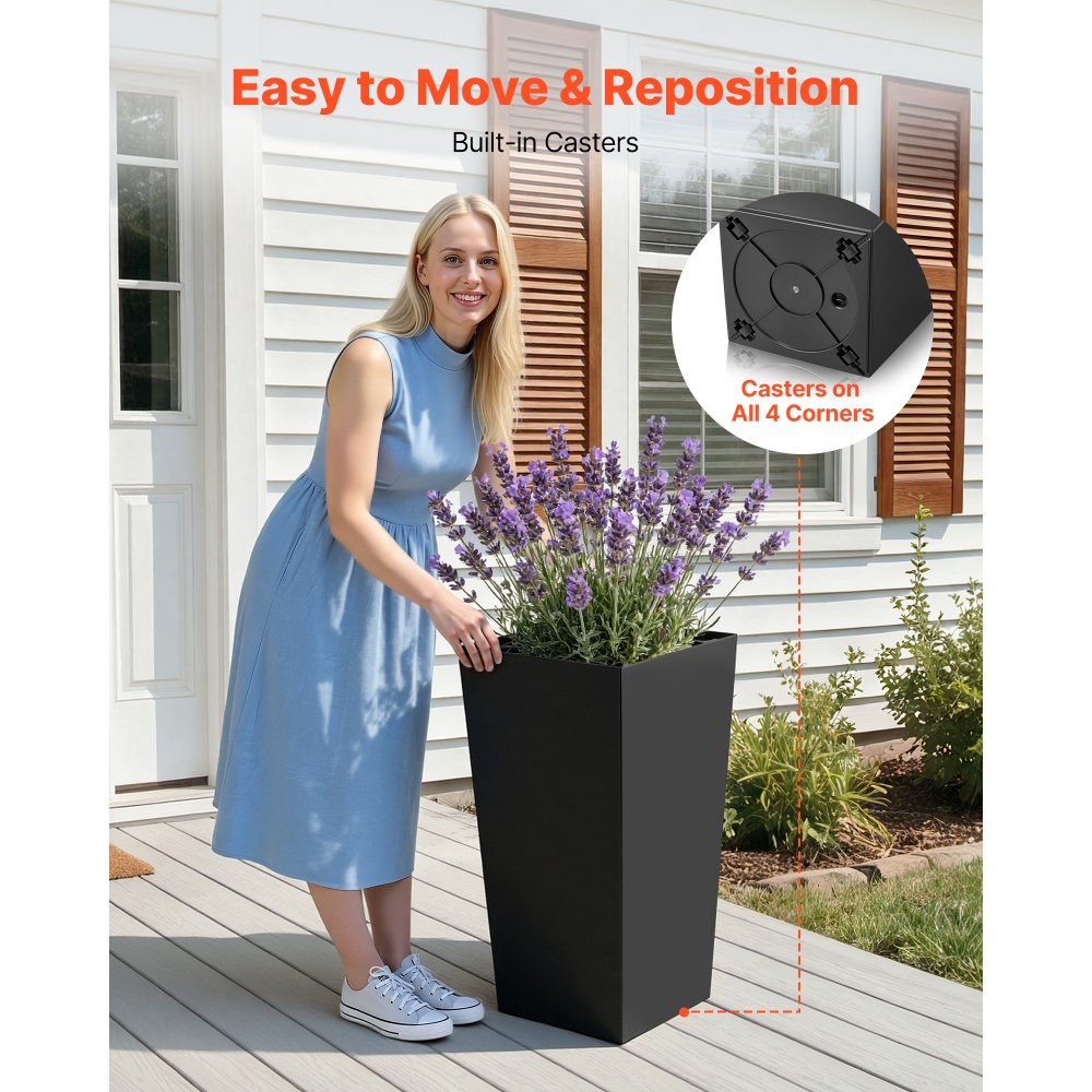 VEVOR Tall Planters Set of 2, 30 Inch Large Outdoor Taper Planters for Outdoor Indoor Plants, Front Porch Plastic Modern Flower Pots with Casters, Inner Pot & Drainage Holes for Patio, Garden, Black