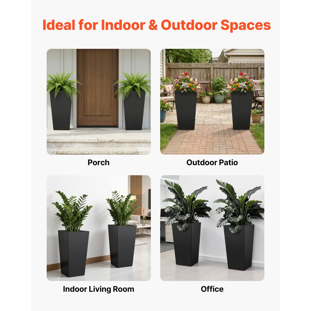 VEVOR Tall Planters Set of 2, 30 Inch Large Outdoor Taper Planters for Outdoor Indoor Plants, Front Porch Plastic Modern Flower Pots with Casters, Inner Pot & Drainage Holes for Patio, Garden, Black