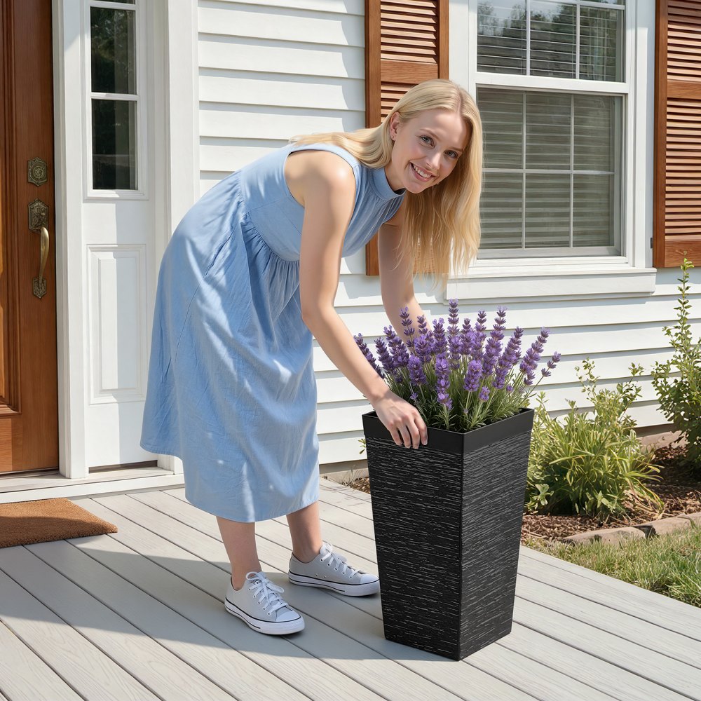 VEVOR Tall Planters Set of 2, 23 Inch Large Outdoor Taper Planters for Outdoor Indoor Plants, Front Porch Plastic Modern Flower Pots with Casters, Inner Pot & Drainage Holes for Patio, Garden, Black
