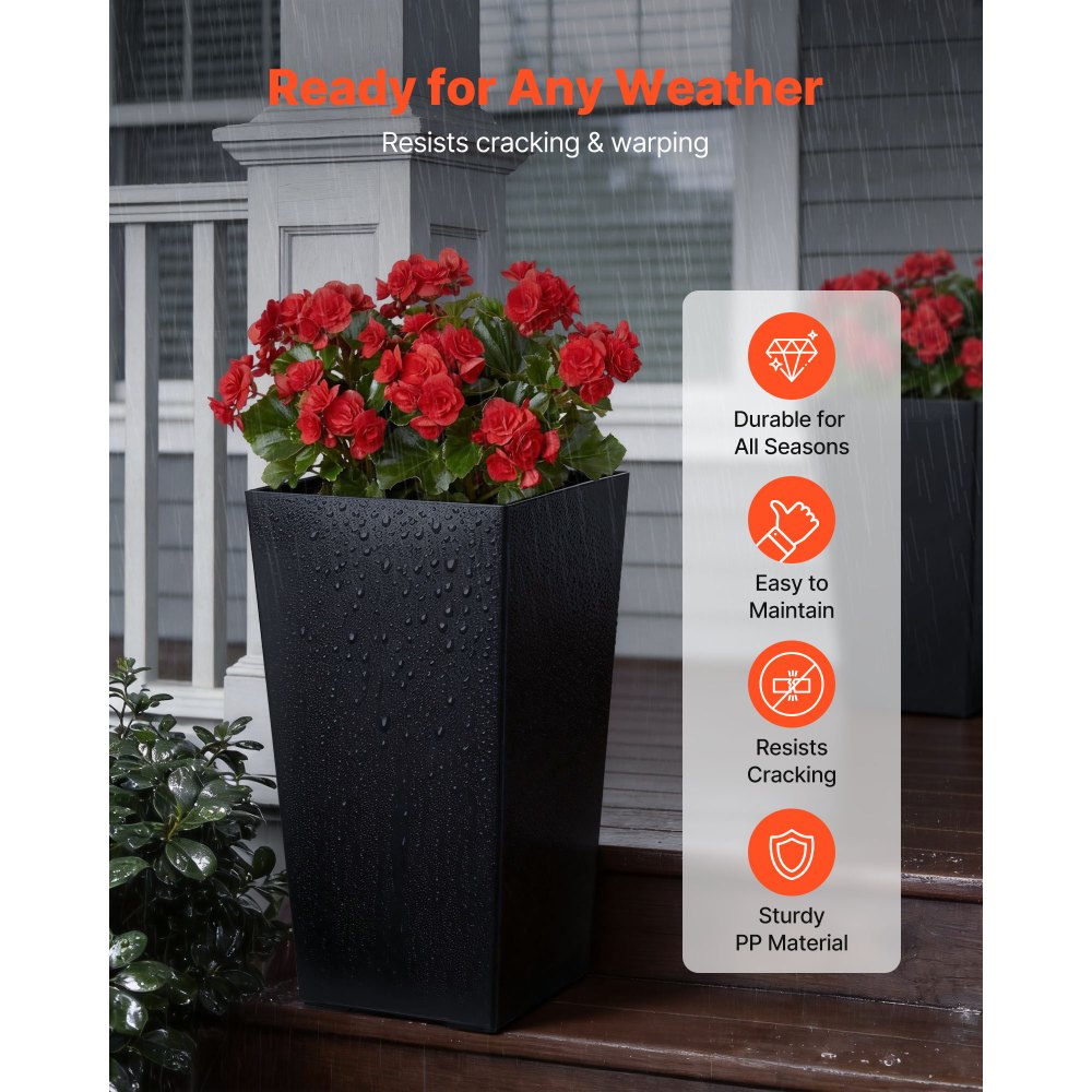 VEVOR Tall Planters Set of 2, 22 Inch Large Outdoor Taper Planters for Outdoor Indoor Plants, Front Porch Plastic Modern Flower Pots with Casters, Inner Pot & Drainage Holes for Patio, Garden, Black