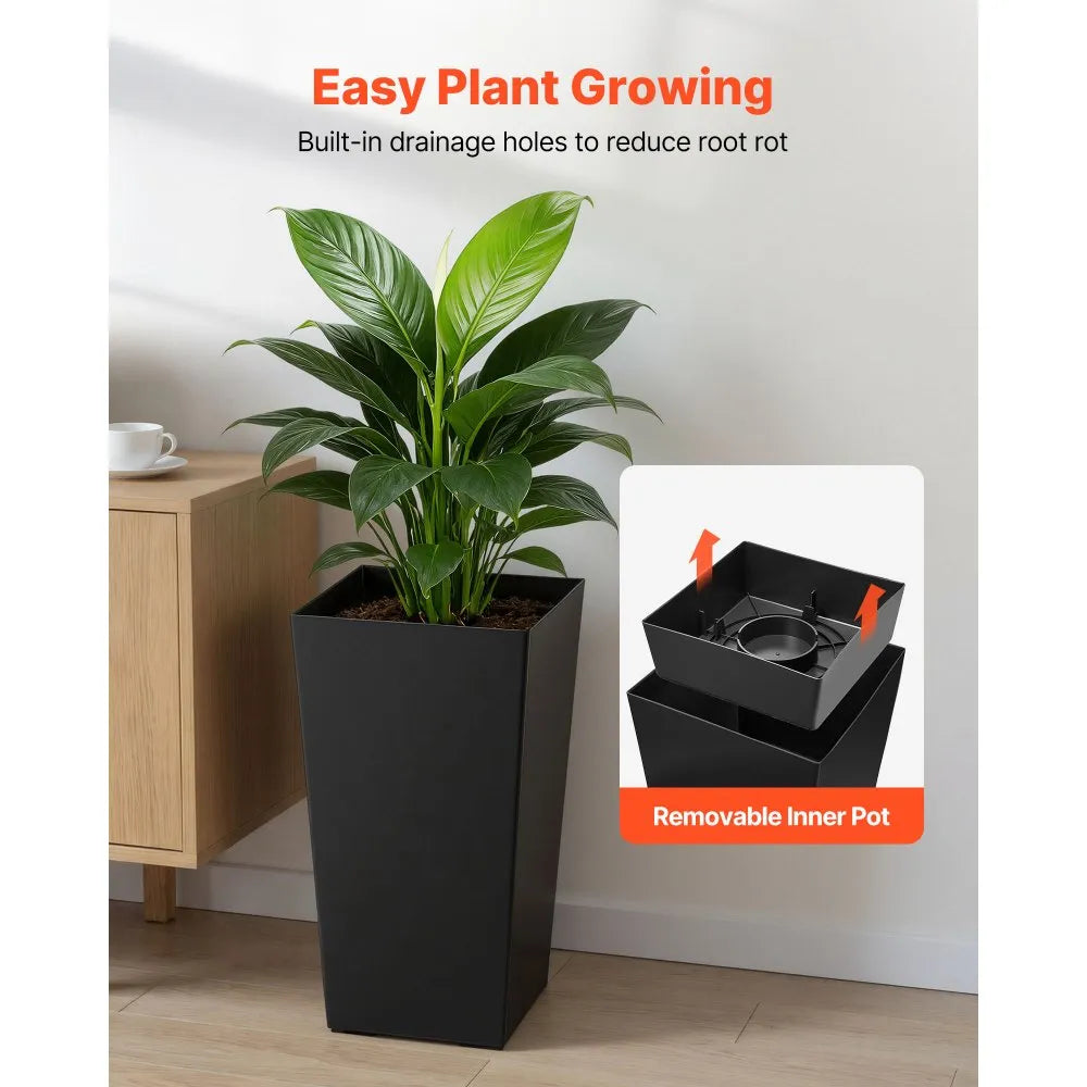 VEVOR Tall Planters Set of 2, 22 Inch Large Outdoor Taper Planters for Outdoor Indoor Plants, Front Porch Plastic Modern Flower Pots with Casters, Inner Pot & Drainage Holes for Patio, Garden, Black