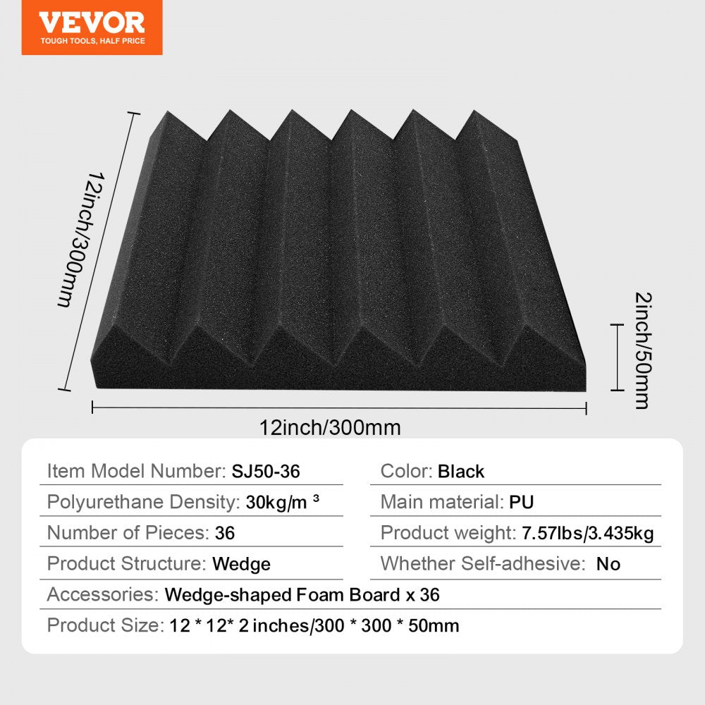 VEVOR Acoustic Foam Panels, 36 Pack 12 x 12 x 2 inches, High Density Soundproof Wall Panels,Fire-Resistant Acoustic Panels,Sound Dampening Absorbing Panels for Studio Wall and Ceiling,Black