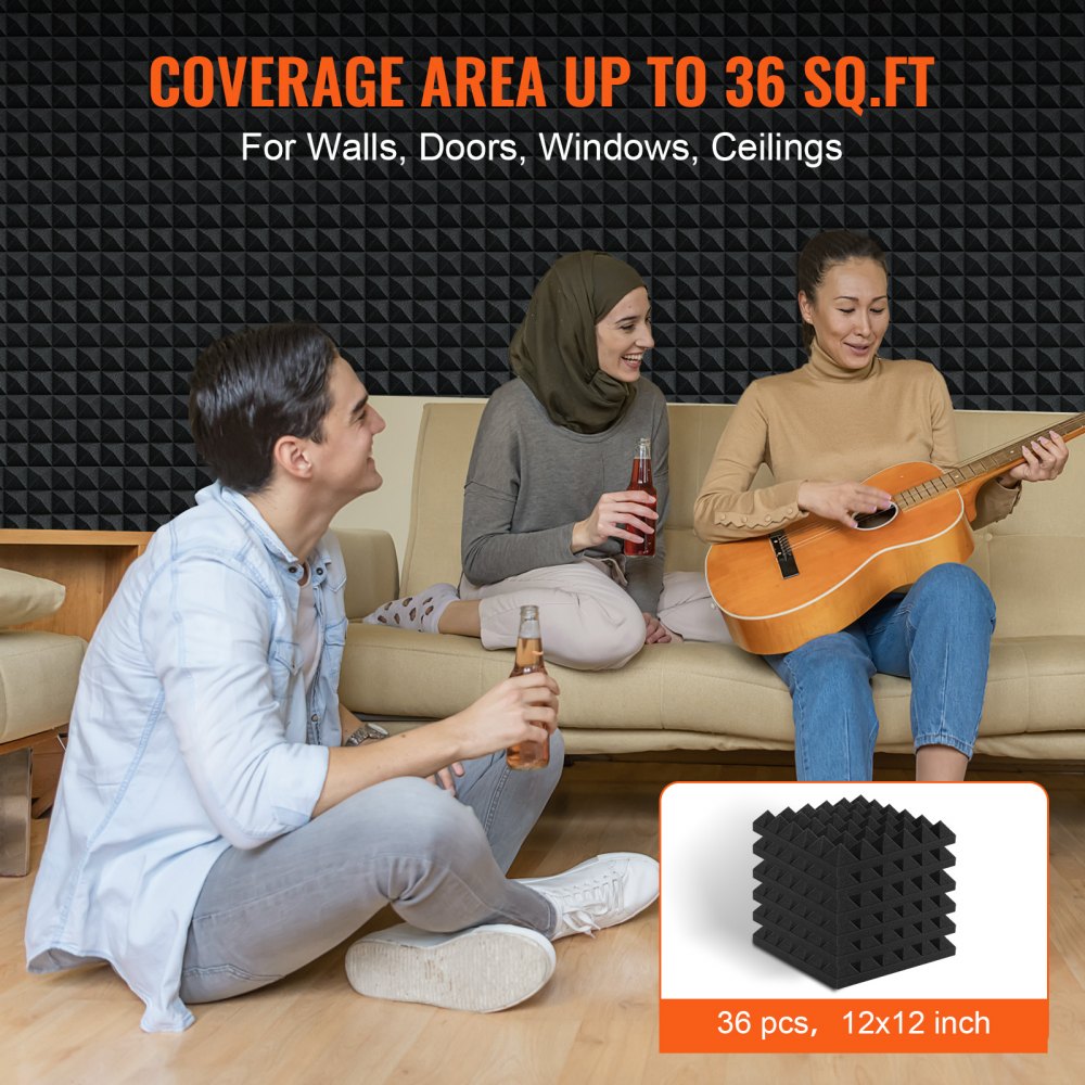 VEVOR Acoustic Foam Panels, 36 Pack 12 x 12 x 2 inches, Pyramid Soundproof Wall Panels,Fire-Resistant Acoustic Panels,Sound Dampening Absorbing Panels for Studio Wall and Ceiling,Black