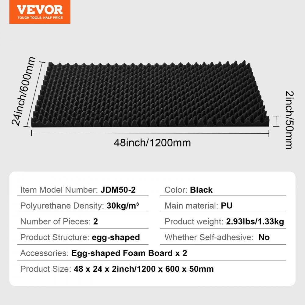 VEVOR Acoustic Foam Panels, 2 Pack 48 x 24 x 2 inches, Egg Designed Soundproof Wall Panels,Fire-Resistant Acoustic Panels,Sound Dampening Absorbing Panels for Studio Wall and Ceiling,Black