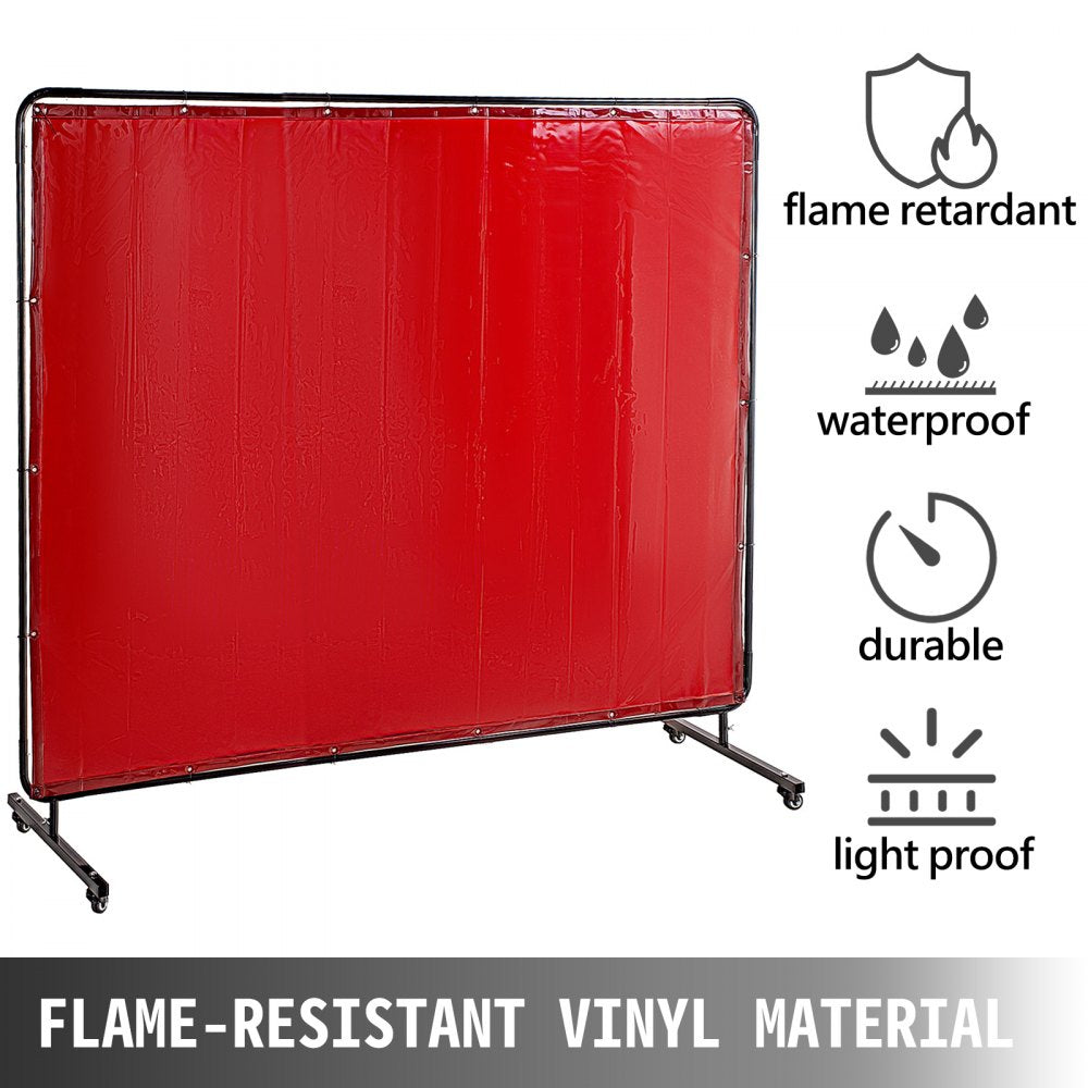 VEVOR Welding Screen with Frame 8\' x 6\', Welding Curtain with 4 Wheels, Welding Protection Screen Red Flame-Resistant Vinyl, Portable Light-Proof Professional