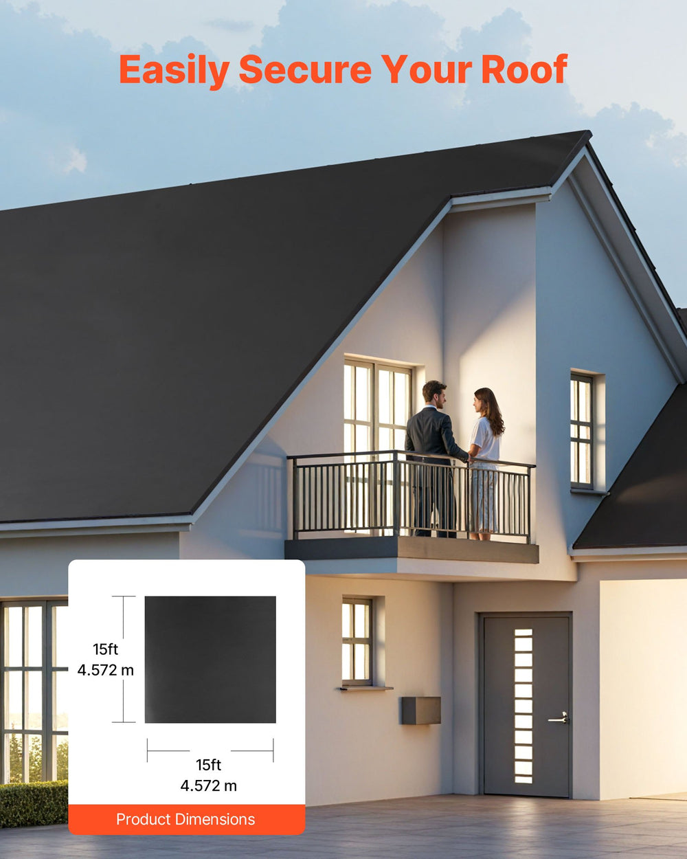 EPDM rubber roofing roll covers 15 x 15 ft area (dimensions graphic)