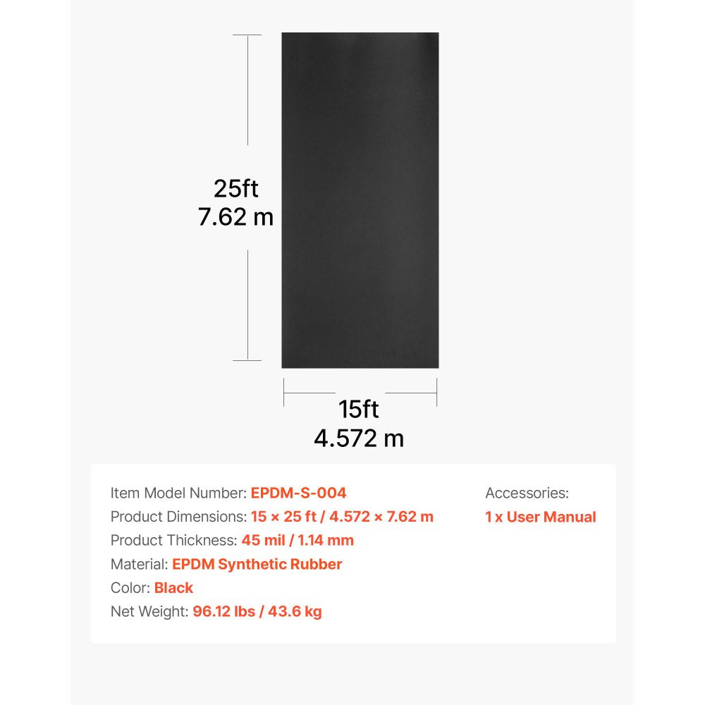 VEVOR roll roofing specifications infographic model EPDM-S-004 15 x 25 ft thickness 45 mil color black net weight 96.12 lbs includes user manual