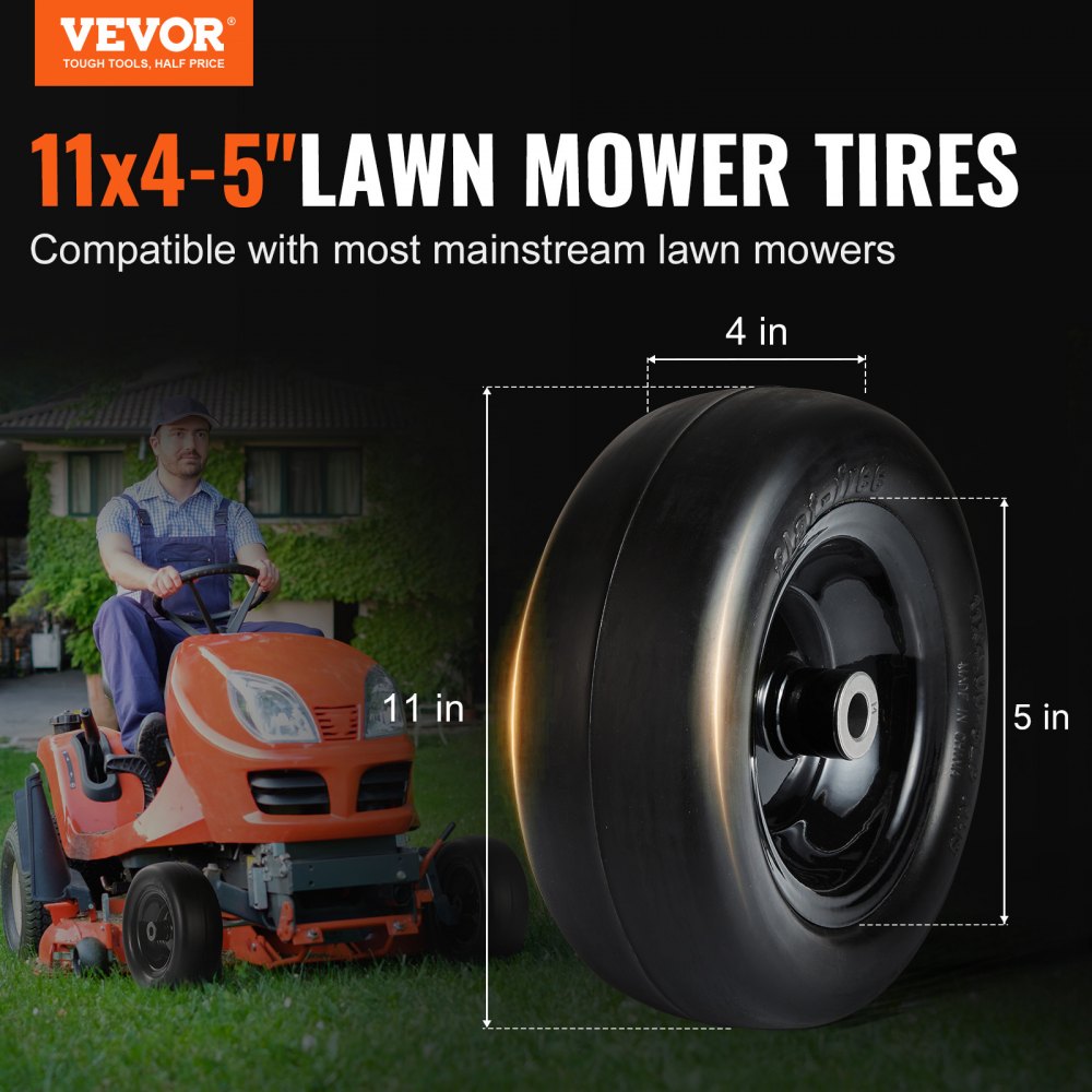 VEVOR Tubeless Mower Wheels, 11x4-5" Size, Pair of Flat-Free PU Tires on Rims, 3.4" Hub, 3/4" Bushing, Includes 20 Adapters, Suitable for Riding Mowers and Lawn Tractors