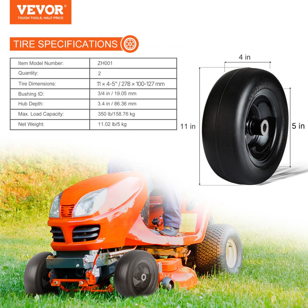 VEVOR Tubeless Mower Wheels, 11x4-5" Size, Pair of Flat-Free PU Tires on Rims, 3.4" Hub, 3/4" Bushing, Includes 20 Adapters, Suitable for Riding Mowers and Lawn Tractors