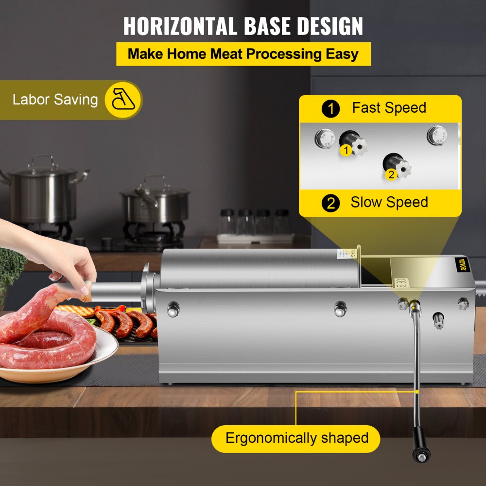 VEVOR Manual Sausage Stuffer, 5 L / 11 LBS Horizontal Sausage Machine, Dual-Speed Meat Stuffer, Made of Food-Grade 304 Stainless Steel, Includes 5 Stuffing Tubes, for Home Kitchen Restaurant Commercia
