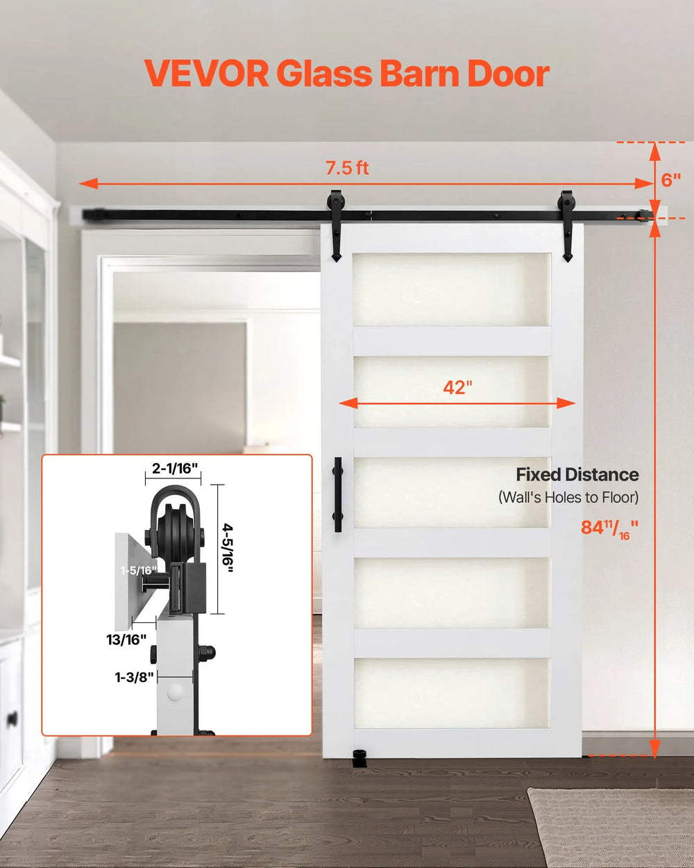 VEVOR glass barn door dimension and clearance diagram (42 in width, 7.5 ft rail)