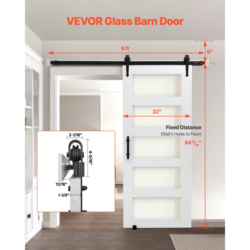 VEVOR Sliding Barn Door, 32 x 84 inch, High-Strength MDF Panel and Glass, Barn Door with Hardware Kit, Water-Proof PVC Surface, Easy to Install, H-Frame, Smoothly and Quietly Sliding for Living Room