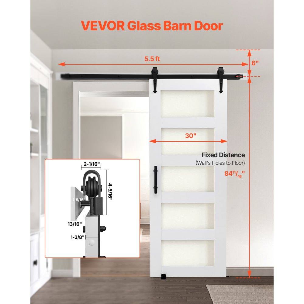 VEVOR Sliding Barn Door, 30 x 84 inch, High-Strength MDF Panel and Glass, Barn Door with Hardware Kit, Water-Proof PVC Surface, Easy to Install, H-Frame, Smoothly and Quietly Sliding for Living Room