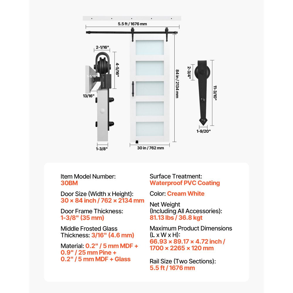 VEVOR Sliding Barn Door, 30 x 84 inch, High-Strength MDF Panel and Glass, Barn Door with Hardware Kit, Water-Proof PVC Surface, Easy to Install, H-Frame, Smoothly and Quietly Sliding for Living Room