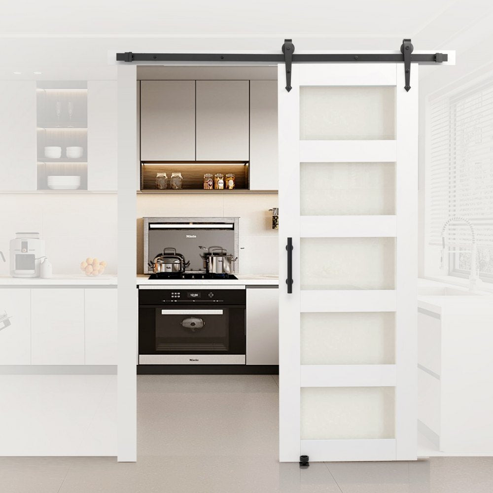 VEVOR Sliding Barn Door, 30 x 84 inch, High-Strength MDF Panel and Glass, Barn Door with Hardware Kit, Water-Proof PVC Surface, Easy to Install, H-Frame, Smoothly and Quietly Sliding for Living Room