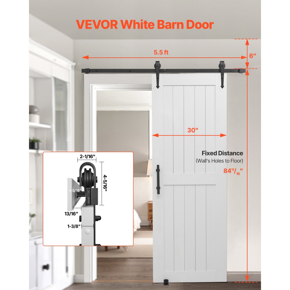 VEVOR Sliding Barn Door, 30 x 84 inch, High-Strength MDF Panel, Barn Door with Hardware Kit, Water-Proof PVC Surface, Easy to Install, H-Frame, Smoothly and Quietly Sliding for Living Room, Bathroom