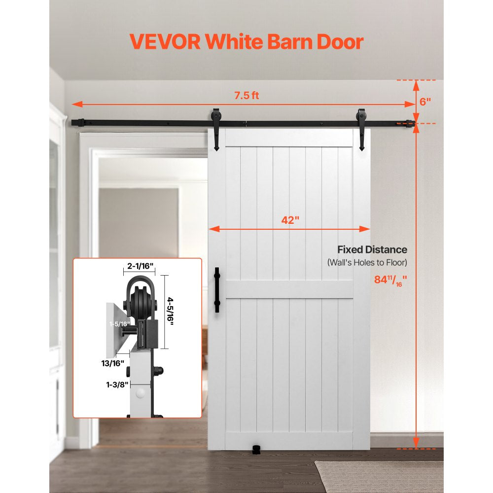 VEVOR white barn door dimension graphic showing door width 42 inch and track length 7.5 ft