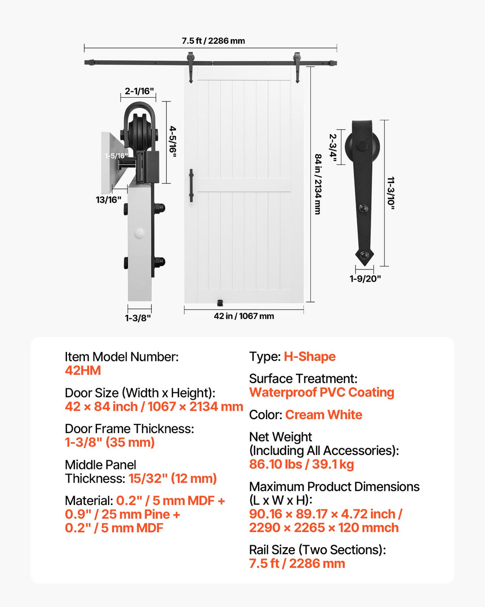 Specification and dimension diagram for VEVOR 42HM barn door and hardware (42 x 84 inch)