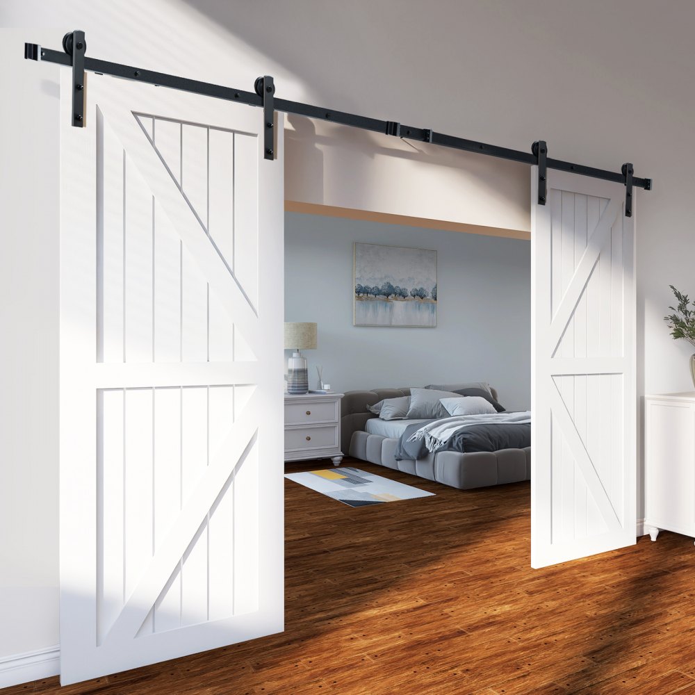 VEVOR 8FT Sliding Barn Door Hardware Kit, 330LBS Heavy Duty Barn Door Track Kit for Double Doors, Fit 3.7-4.3FT Total Wide and 1.3"-1.8" Thick 2 Door Panel, with Smooth & Silent Pulley (I Shape)