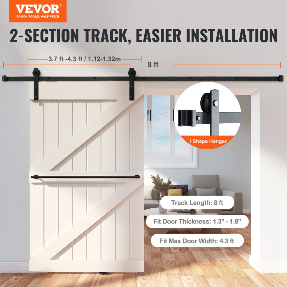 VEVOR 8FT Sliding Barn Door Hardware Kit, 330LBS Loading Heavy Duty Barn Door Track Kit for Single Door, Fit 3.7-4.3FT Wide and 1.3"-1.8" Thick Door Panel, with Smooth & Silent Pulley (I Shape)