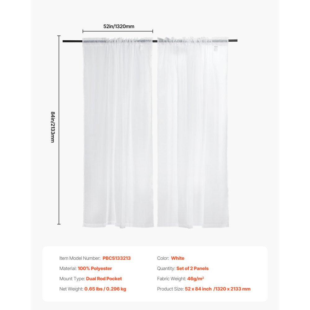 VEVOR Sheer Curtains, 84 inches Long, 2 Panels Set Sheer White Curtains, Each 52" W x 84" L, Dual Rod Pocket Installation, 100% Polyester Window Drapes for Bedroom, Living Room, Balcony, Yard