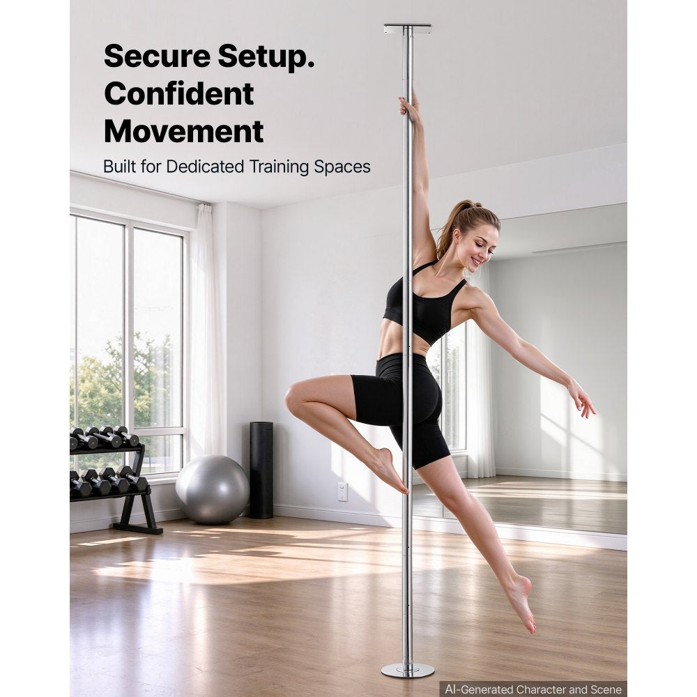 VEVOR Professional Dance Pole, Static/Spinning Dancing Poles, 82-118 in, Fixed-Mount Exercise Dancing Pole for Fitness, Adjustable Height, 45 mm Heavy-Duty Steel Build, 440 lb Capacity, Silver