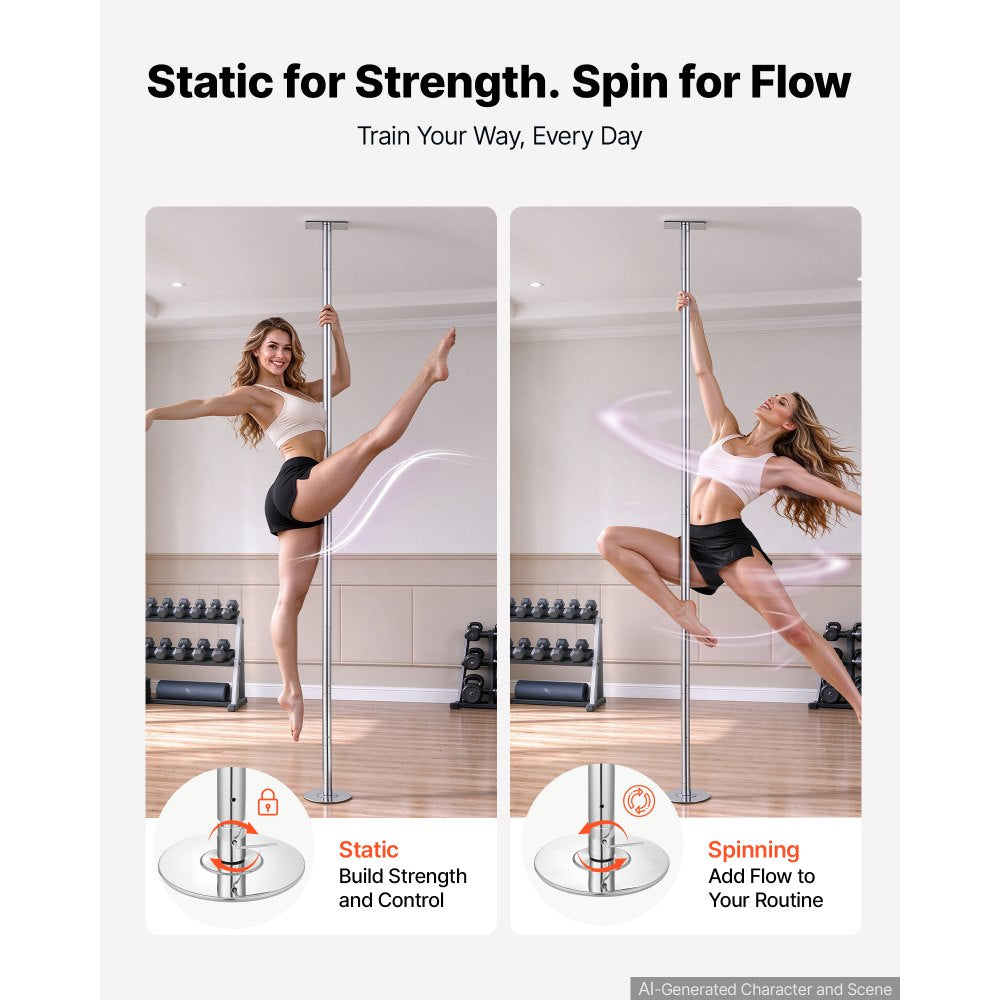 VEVOR Professional Dance Pole, Static/Spinning Dancing Poles, 82-118 in, Fixed-Mount Exercise Dancing Pole for Fitness, Adjustable Height, 45 mm Heavy-Duty Steel Build, 440 lb Capacity, Silver