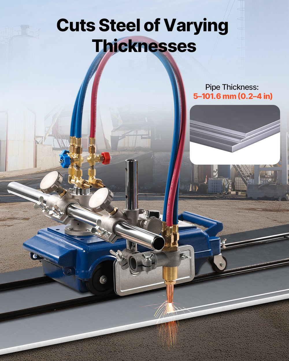 Cuts steel of varying thicknesses (0.2-4 in / 5-101.6 mm)