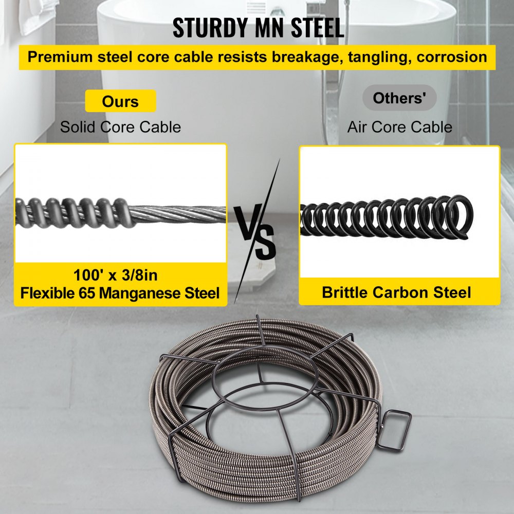 VEVOR Drain Cleaning Cable 100 FT x 3/8 Inch, Solid Core Steel Sewer Cable with 4 Cutter for 2" to 4" Pipes, Sewer Auger Cleaner Cable for Sink, Floor Drain, Toilet