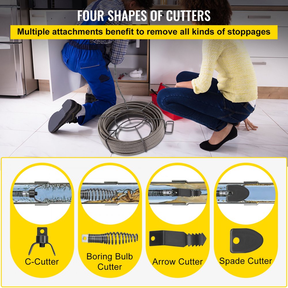 VEVOR Drain Cleaning Cable 100 FT x 3/8 Inch, Solid Core Steel Sewer Cable with 4 Cutter for 2" to 4" Pipes, Sewer Auger Cleaner Cable for Sink, Floor Drain, Toilet