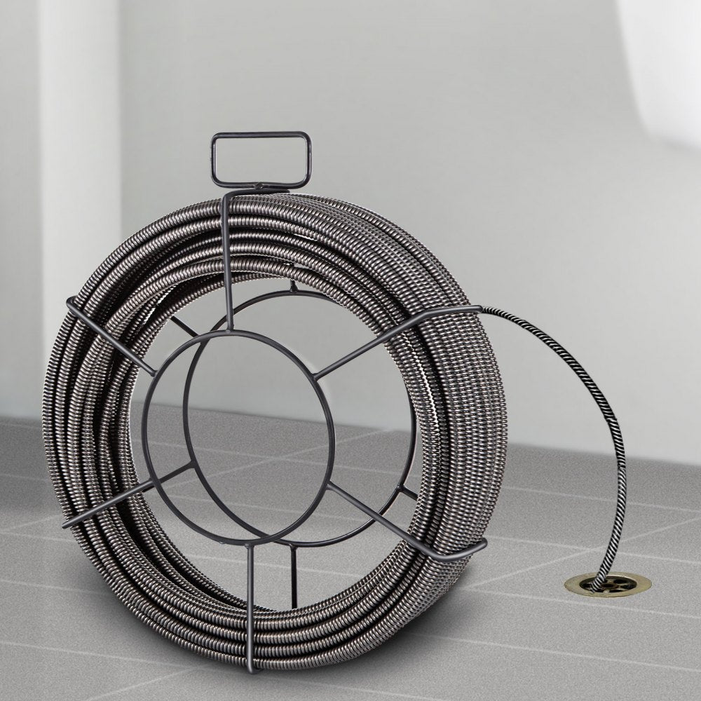 VEVOR Drain Cleaning Cable 100 FT x 3/8 Inch, Solid Core Steel Sewer Cable with 4 Cutter for 2" to 4" Pipes, Sewer Auger Cleaner Cable for Sink, Floor Drain, Toilet