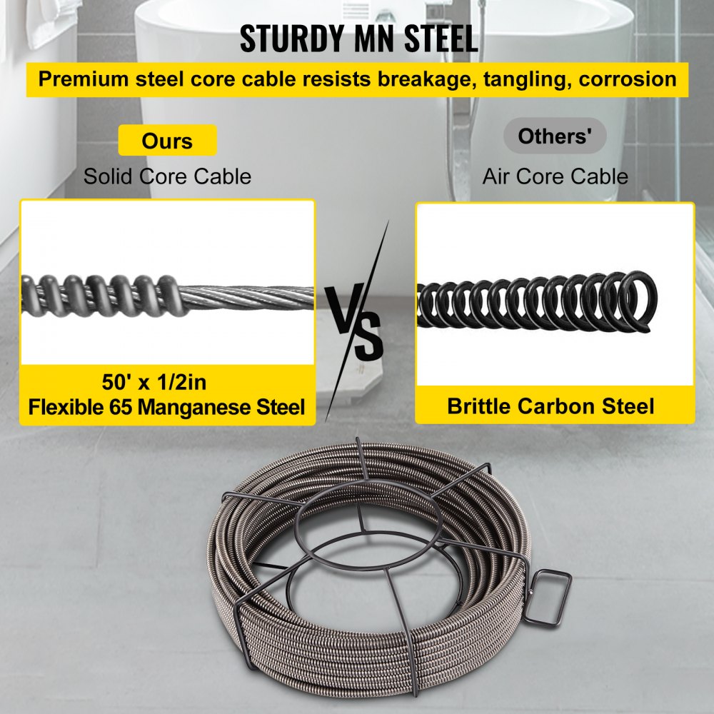 VEVOR Drain Cleaning Cable 50 Feet x 1/2 Inch Solid Core Cable Sewer Cable Drain Auger Cable Cleaner Snake Clog Pipe Drain Cleaning Cable Sewer Drain Auger Snake Pipe