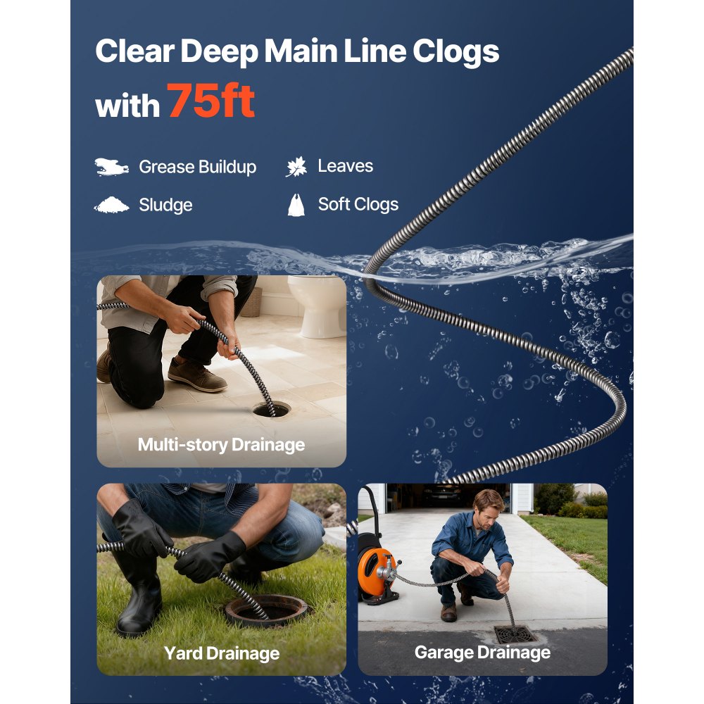 VEVOR Drain Cleaning Cable 75 Feet x 1/2 Inch Solid Core Cable Sewer Cable Drain Auger Cable Cleaner Snake Clog Pipe Drain Cleaning Cable Sewer Drain Auger Snake Pipe