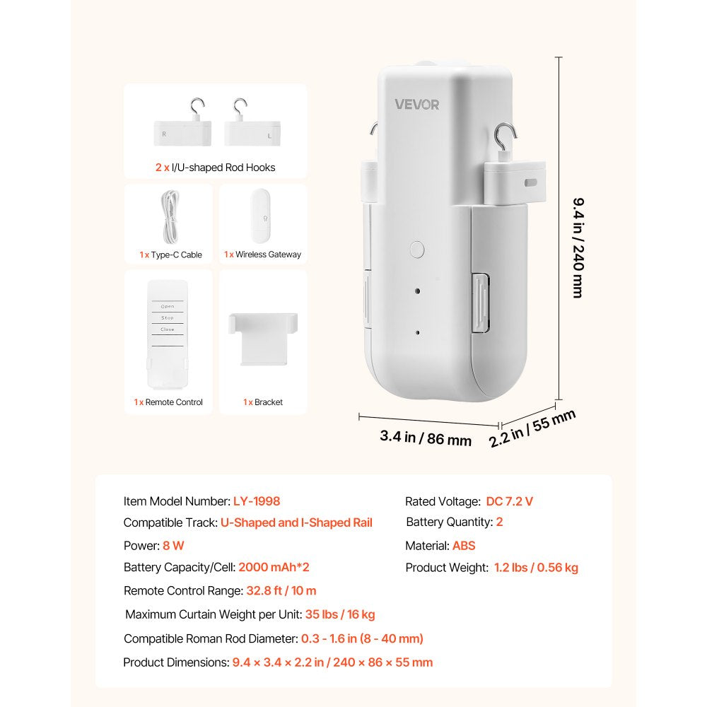 VEVOR Automatic Curtain Opener, APP and Remote Control, Hub Included, Electric Smart Curtain Opener Compatible with Alexa and Google Home, Timed Opening and Closing, for U-shaped/I-shaped Rails