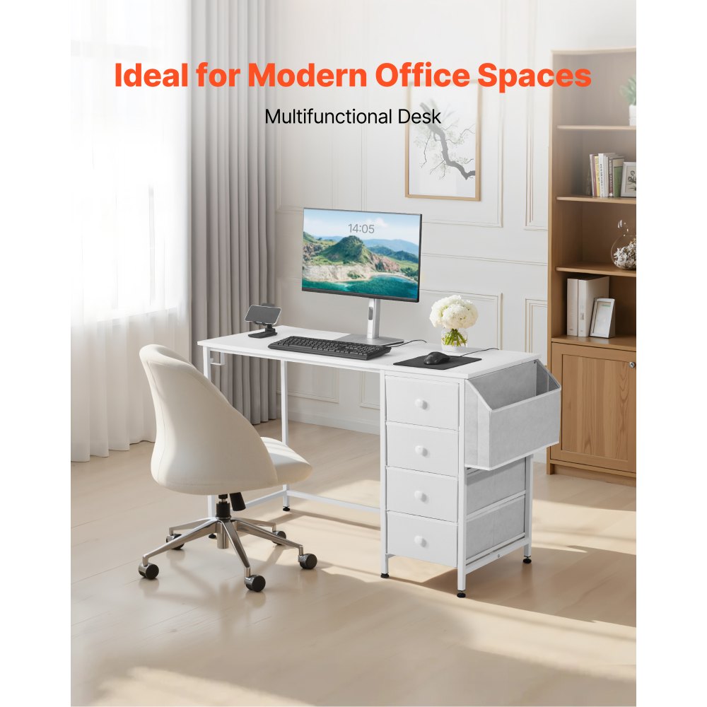 VEVOR Computer Desk with Fabric Drawers, 47 Inch Reversible Study Work Writing Desk for Modern Home Office Bedroom, Simple Modern Cute PC Table Metal Frame Business Furniture, White
