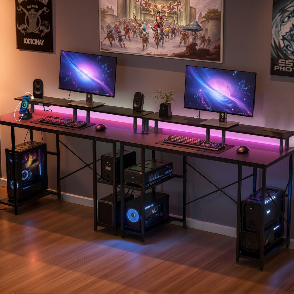 VEVOR 47" Gaming Desk with LED Lights & Power Outlets, Computer Desk with Monitor Stand & 2-Tier Storage Sheves,  Study Work for Home Office, Black