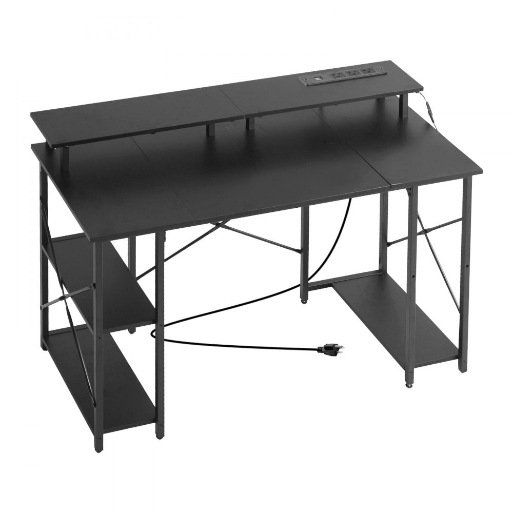 VEVOR 47" Gaming Desk with LED Lights & Power Outlets, Computer Desk with Monitor Stand & 2-Tier Storage Sheves,  Study Work for Home Office, Black