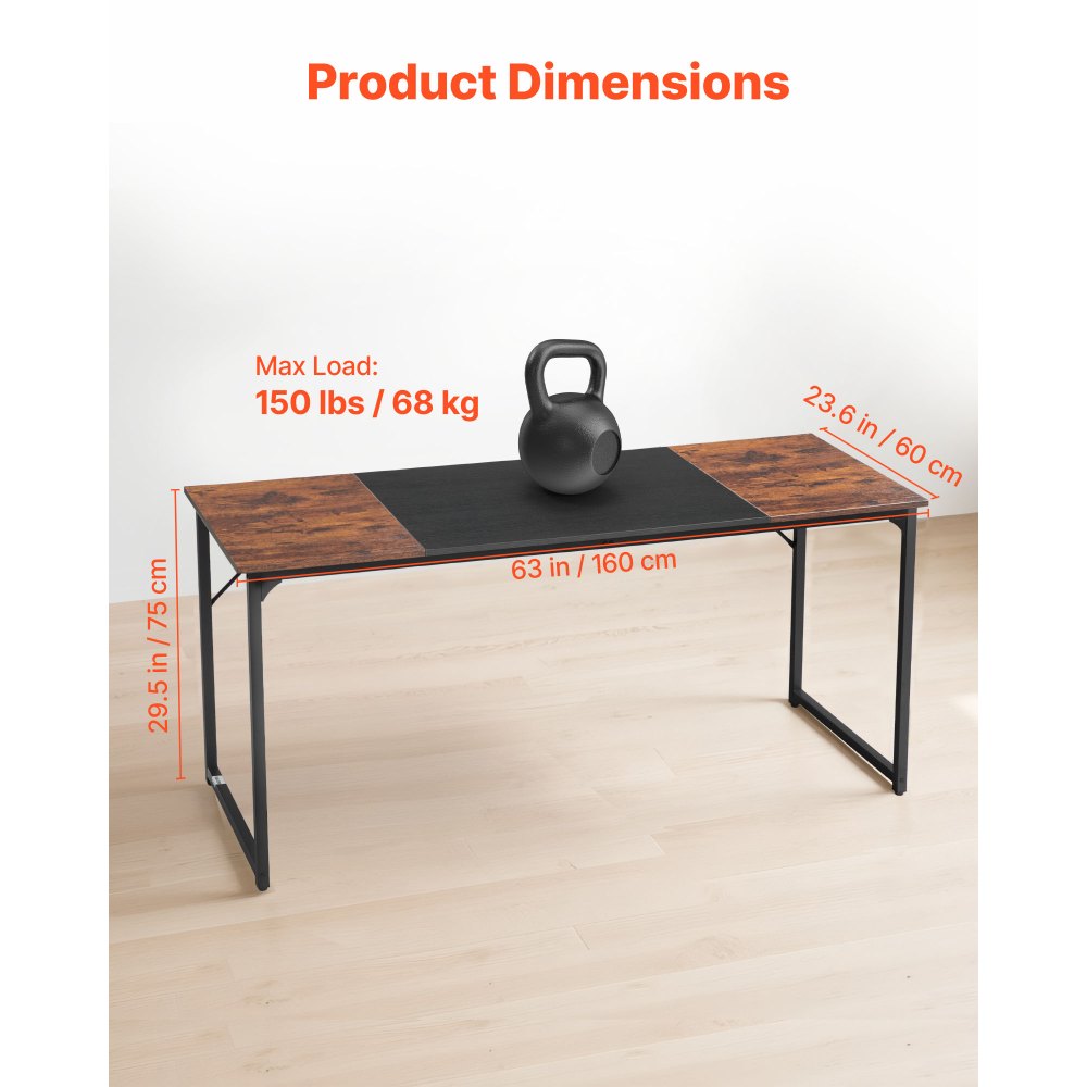 VEVOR Computer Desk, 63 Inch Office Gaming Desk for Home Office, Writing Study Work Modern Simple Table with Metal Frame for Large Legroom, Rustic Brown and Black