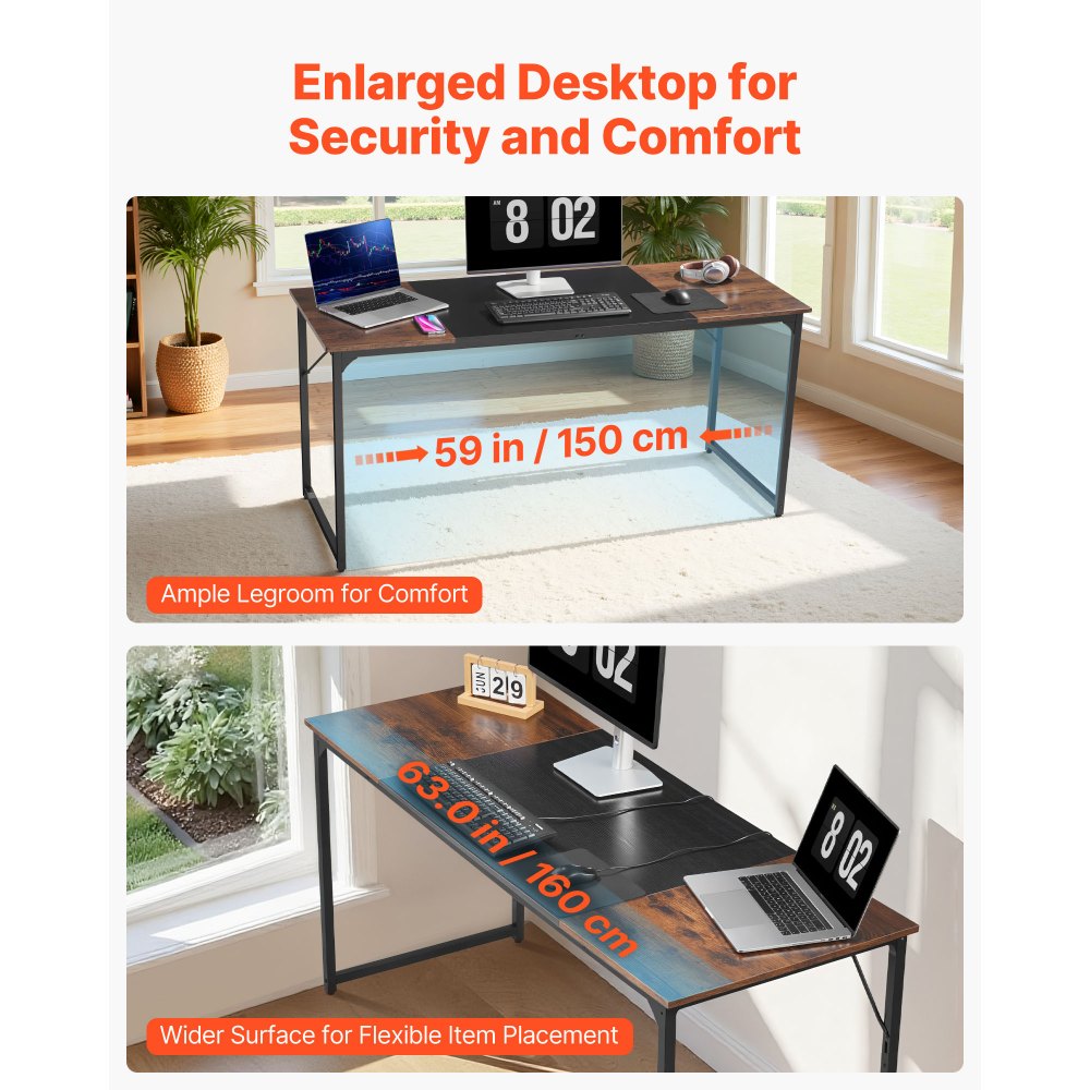VEVOR Computer Desk, 63 Inch Office Gaming Desk for Home Office, Writing Study Work Modern Simple Table with Metal Frame for Large Legroom, Rustic Brown and Black